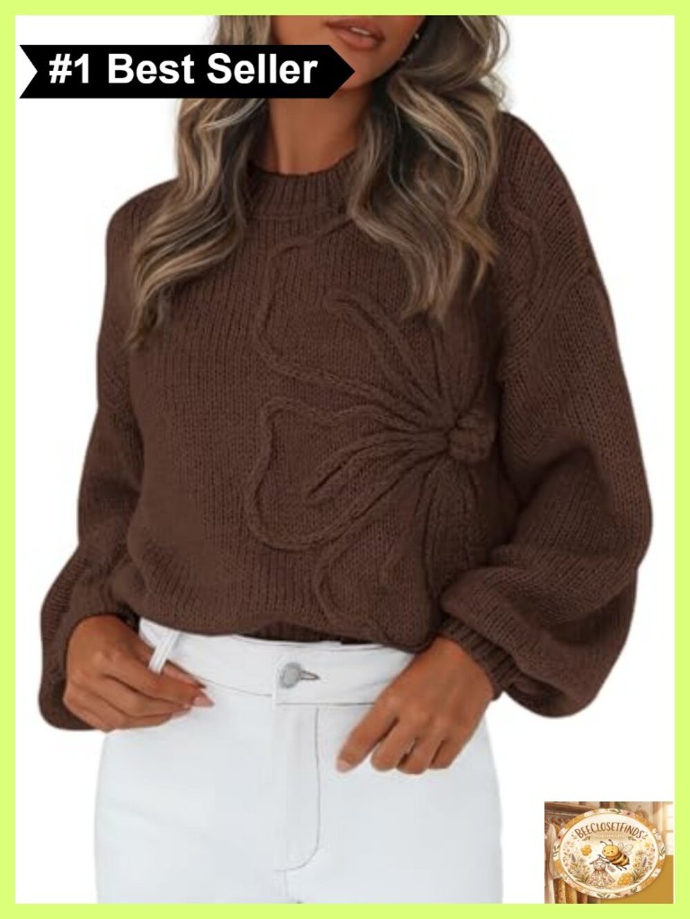 Oversized 3D Floral Knit Sweater Crew Neck Drop Shoulder Lantern Sleeve